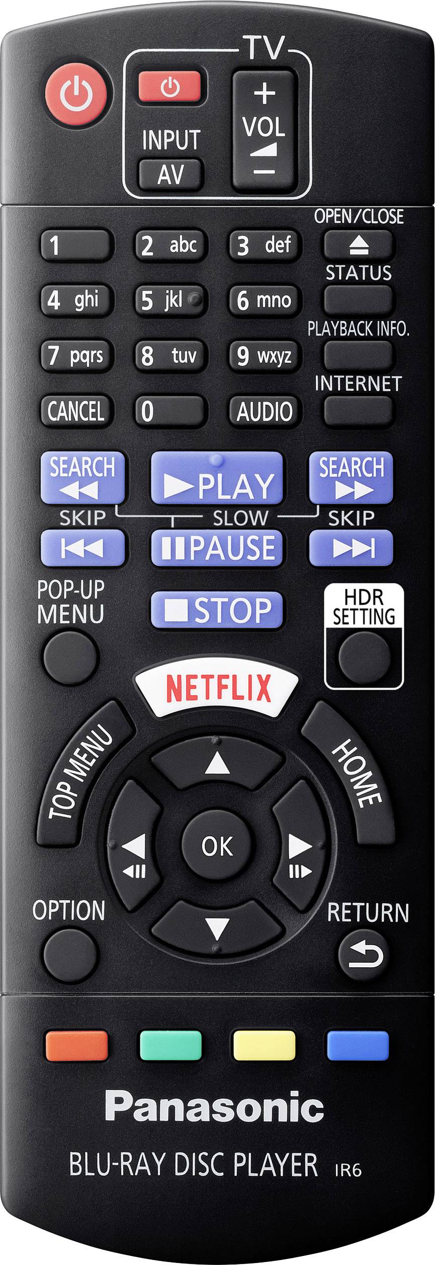Afstandsbediening van een Panasonic Blu-ray-speler met toetsen voor afspelen, pauzeren, Netflix, volume en menuopties.