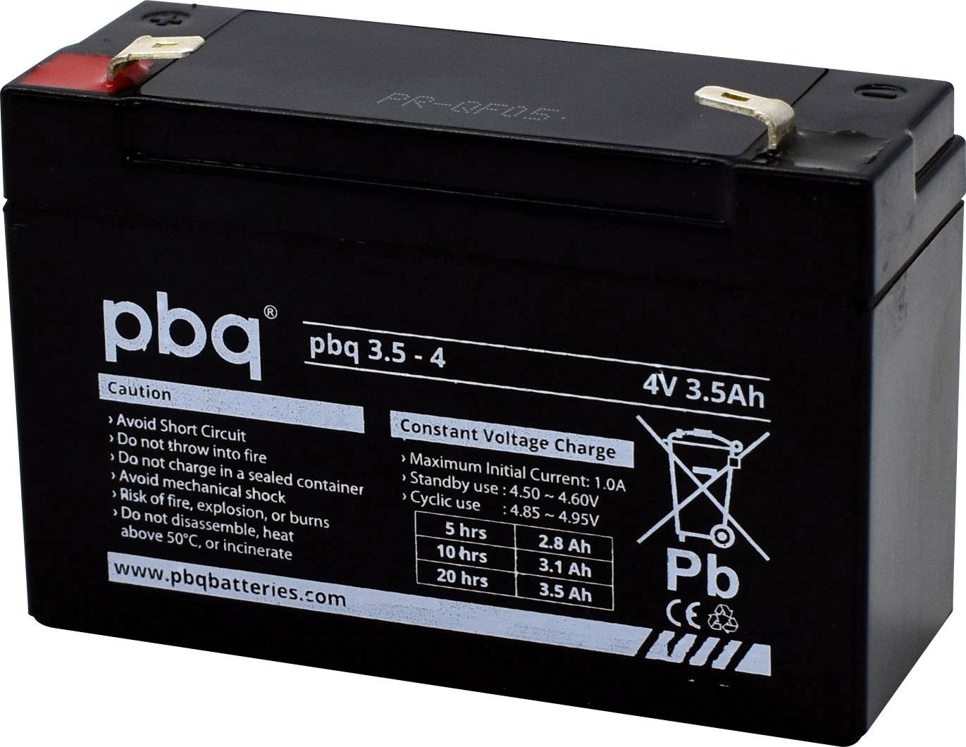 Zwarte lood-zuur-accu met een capaciteit van 4V 3,5Ah, merknaam "pbq". Veiligheidsaanwijzingen en specificaties zijn afgedrukt.