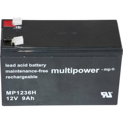 'Zwarte, onderhoudsvrije, oplaadbare loodbatterij van Multipower, model MP1236H, 12V 9Ah, met etiket-tekst.'
