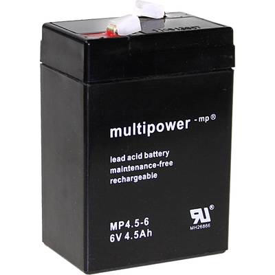 Zwarte lood-zuur-accu met opschrift 'multipower', 'onderhoudsvrij' en 'oplaadbaar', 6V, 4,5Ah, twee aansluitingen bovenaan.