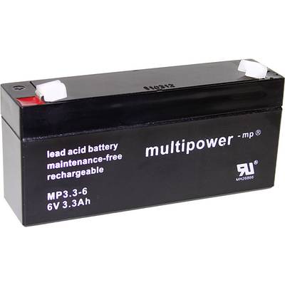Oplaadbare loodaccu 'multipower', Model MP3.3-6, 6V 3.3Ah, onderhoudsvrij, zwarte rechthoekige vorm met witte en rode aansluiting.