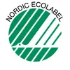 'Nordic Ecolabel'-Logo: Een witte zwaan in een groene cirkel, omgeven door diagonale lijnen. Omrand door de woorden 'Nordic Ecolabel'.