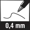 'Zwarte penpunt tekent gebogen lijn; Aanduiding: 0,4 mm.'