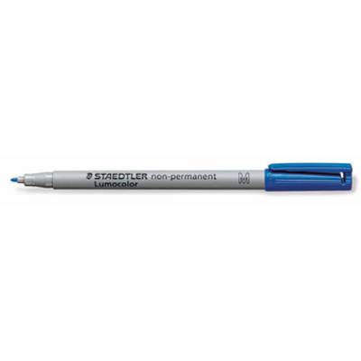 Grijze Lumocolor non-permanent marker met blauwe dop en punt, vervaardigd door Staedtler.