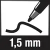 '1,5 mm' vat de lijndikte van een zwarte pen samen, weergegeven met een voorbeeldtekening.