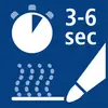 Een stopwatch toont 3-6 seconden aan, daaronder stippellijnen die hitte of beweging symboliseren, naast een puntige vorm.