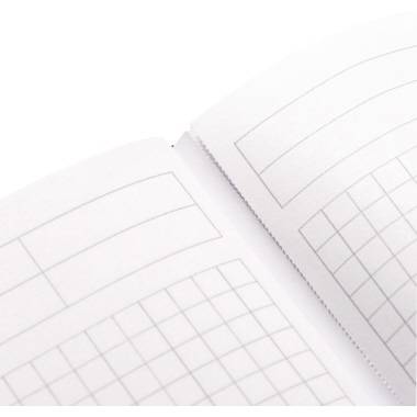 Een open, leeg notitieboek met geruit en gelinieerd papier is afgebeeld.