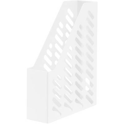 Witte, verticale tijdschriftenhouder met diagonale sleuven voor ventilatie. Geschikt voor het opbergen van tijdschriften of documenten.