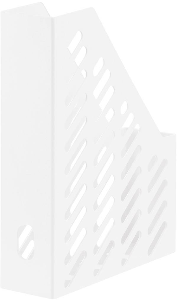 Een witte, verticale tijdschriftenhouder met diagonale sleuven voor ventilatie, vrijstaand op een oppervlak.