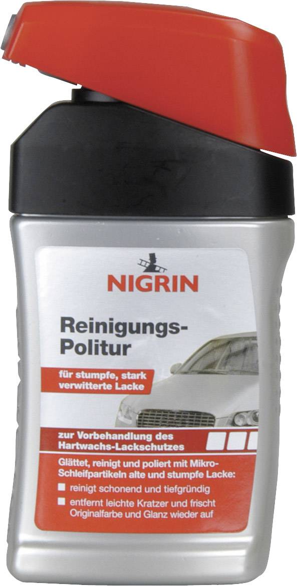 Fles met Nigrin-reinigings- en polijstmiddel voor matte, verweerde lak. Rode dop. Tekst beschrijft het gladmaken en reinigen van lak.