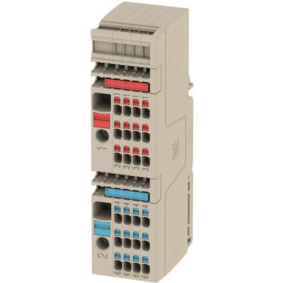Een aansluitblok met meerdere aansluitpunten in rood en blauw voor elektrische verbindingen, rechtopstaand aanzicht.