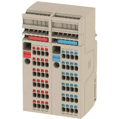 Een grijs module met meerdere rijen gekleurde, rood en blauw gemarkeerde aansluitingen, geschikt voor industriële bekabeling en besturing.