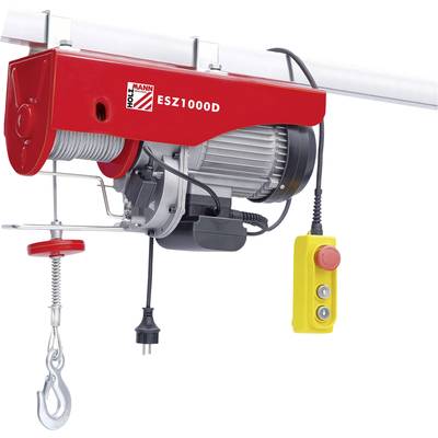 Elektrische lier met rood behuizing, model 'ESZ1000D', gele bedieningsknop met groene en rode toets, haak aan de voorkant.