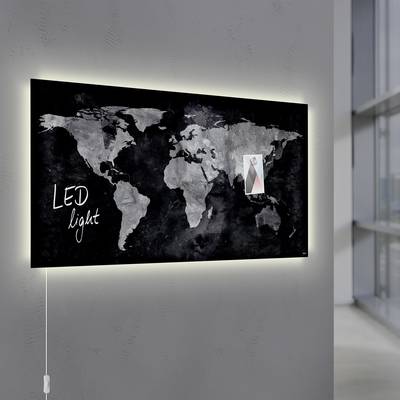 Sigel Glazen magneetbord met LED-verlichting Artverum World Map LED Light Zwart (b x h) 91 cm x 46 cm GL409 