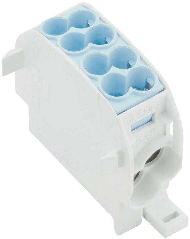 Witte elektrische draadklem met zes blauwe aansluitpunten. Wordt gebruikt voor het verbinden van elektrische geleiders.