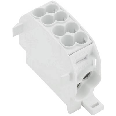 Een witte elektrische stekker met meerdere aansluitklemmen, geschikt voor elektrische draden in een behuizing.