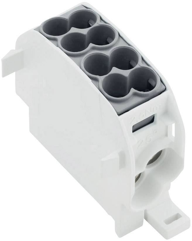 Een witte elektrische connector met meerdere ingangen. Geschikt voor eenvoudige bedrading. Herkenbaar aan de ronde openingen.