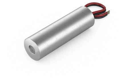 Een cilindrische metalen behuizing met uitstekende rode en zwarte draden, vermoedelijk een elektronisch onderdeel of sensor.