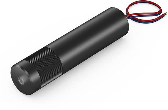 Een cilindrische, zwarte elektronische component met twee kabels voor aansluiting.