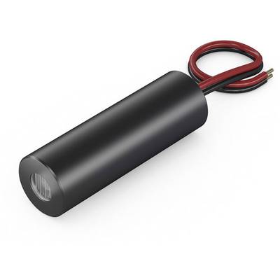 Een cilindrische, zwarte elektronische component met twee uitstekende kabels, bedekt met rode en zwarte isolatie.