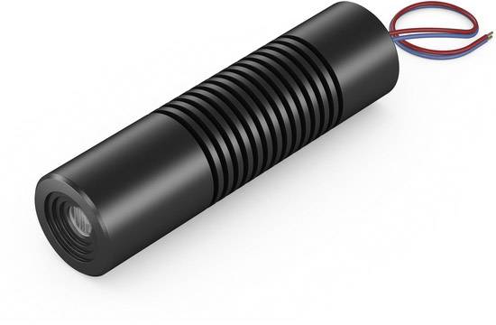 Zwarte cilindrische lasermodule met groeven en twee uitstekende kabels in rood en blauw.