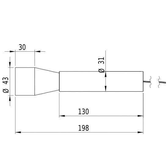 Technische tekening van een onderdeel met afmetingen: Totaal 198 mm, voorste diameter 43 mm, achterste diameter 31 mm, lengte 130 mm.