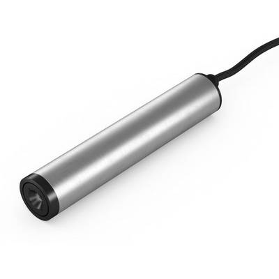 Cilindrische, zilveren sensor met zwarte rand en kabel.