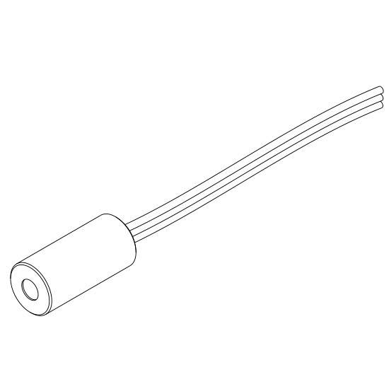 Een cilindrische sensor met kabelaansluiting. De sensor is bedoeld voor het detecteren van objecten of signalen.