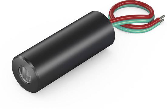 Cilindrische, zwarte sensor met twee uitstekende draden, bedekt met rode en groene isolatie. Geschikt voor elektronische toepassingen.