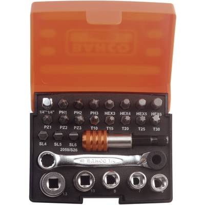 Een schroevendraaier-set met verschillende bits en opzetstukken, georganiseerd in een oranje doos. Bevat bits zoals PH1, T20 en HEX4.