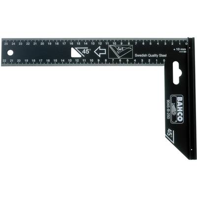 Timmermanswerkplaats uit Zweeds staal met schaal in centimeters en inches. Aangeduid als 'Bahco, 45°/90°, 9045-B-250'.