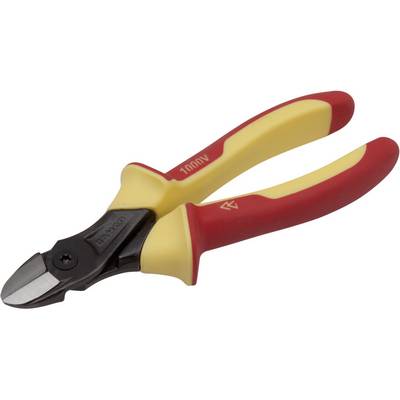 Zijkniptang met geel-rode handgreep, geschikt voor het knippen van draden, op witte achtergrond.