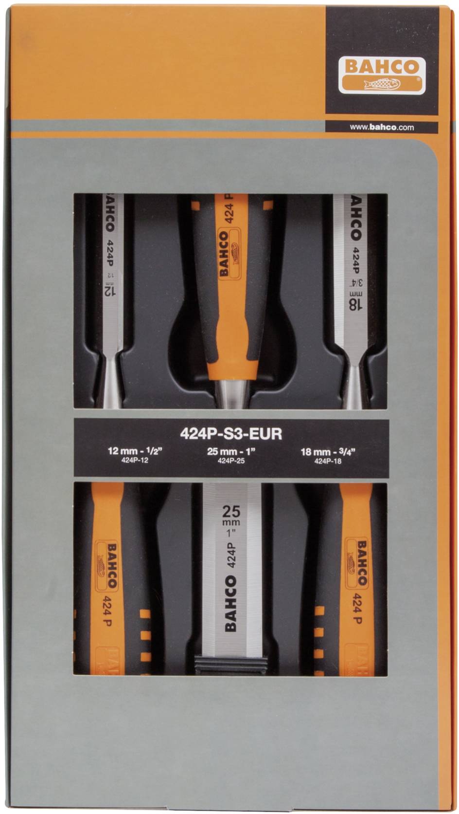 Een set van drie Bahco-steekbeitels in verschillende maten (12 mm, 18 mm, 25 mm) met oranje-zwarte handgrepen in een verpakking.