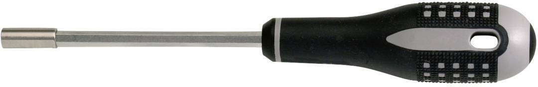 Zwarte schroevendraaier met ergonomische handgreep, metalen schacht en zeskante punt, geschikt voor verschillende soorten schroeven.