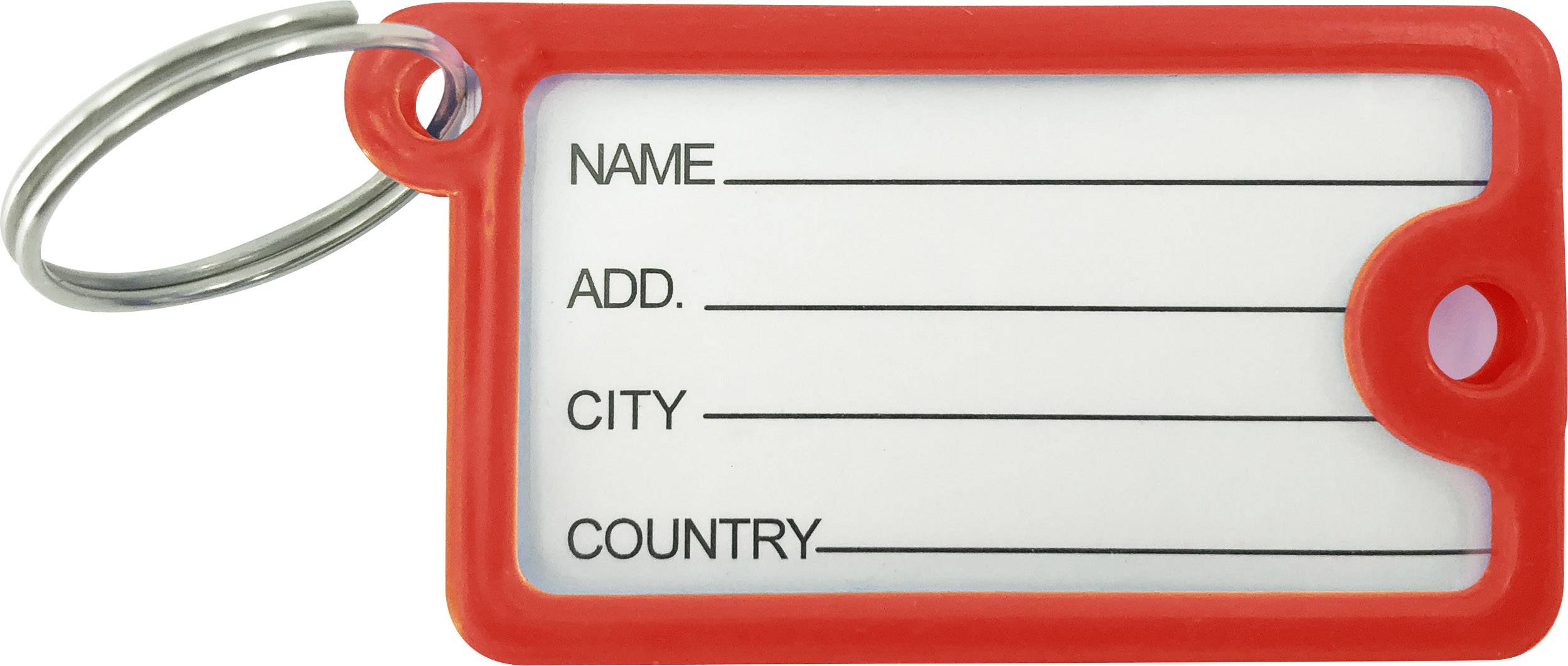 Rode bagagelabel met voorgedrukte lijnen en vakjes voor 'NAAM', 'ADRES', 'STAD', 'LAND'.