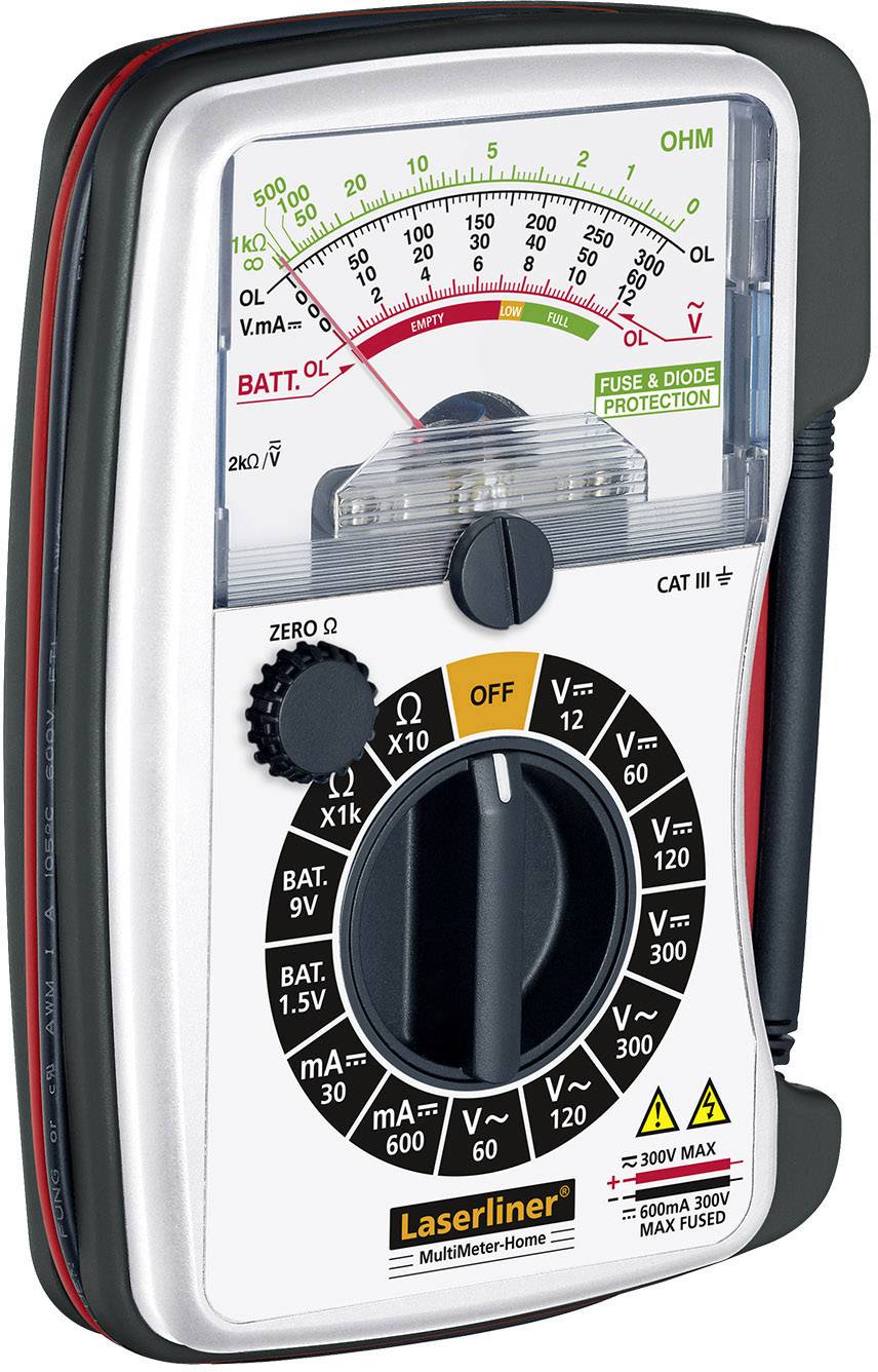 Analoog multimeter met schaal voor spanning, stroom en weerstand. Bedieningsknop staat op 'UIT', meetkabels links aangesloten.