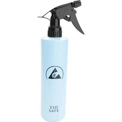 Lichtblauwe spuitfles met zwarte spraykop, gemerkt met 'ESD SAFE', zwart symbool van een hand boven een driehoek.