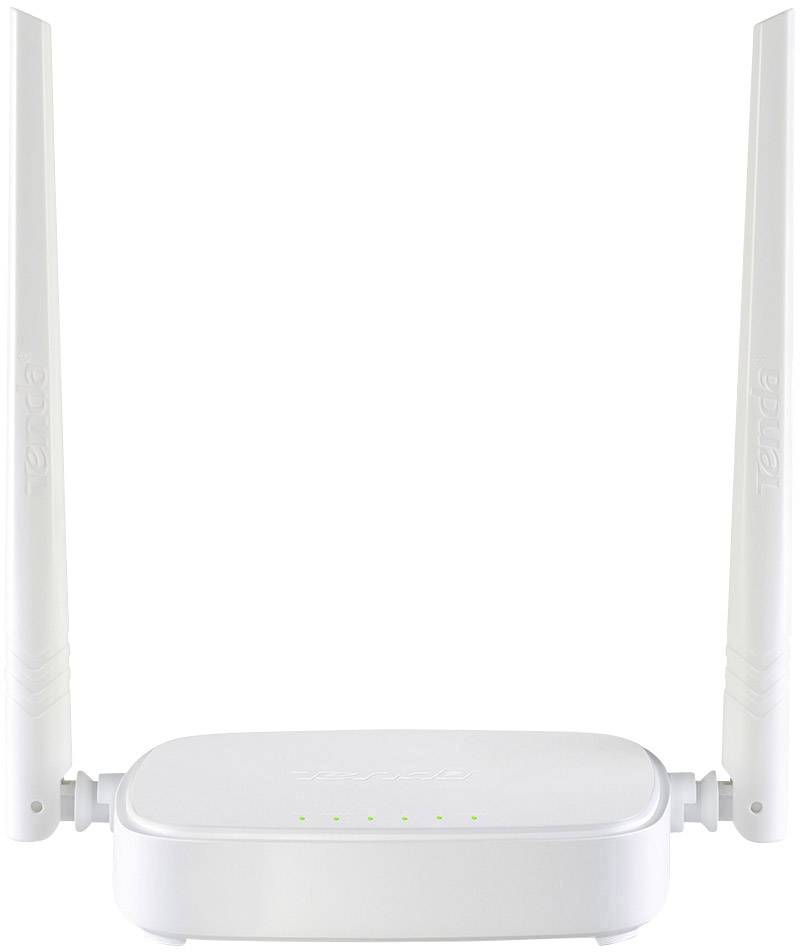 Een witte WLAN-router met twee naar boven gerichte antennes en vier kleine lampjes aan de voorkant die de status aangeven.