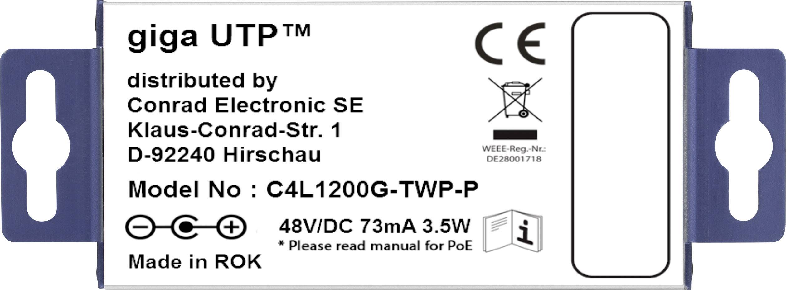 Etiket van een elektronisch apparaat met modelnummer C4L1200G-TWP-P, 48VDC, 73mA, 3,5W, gedistribueerd door Conrad Electronic SE, vervaardigd in ROK.