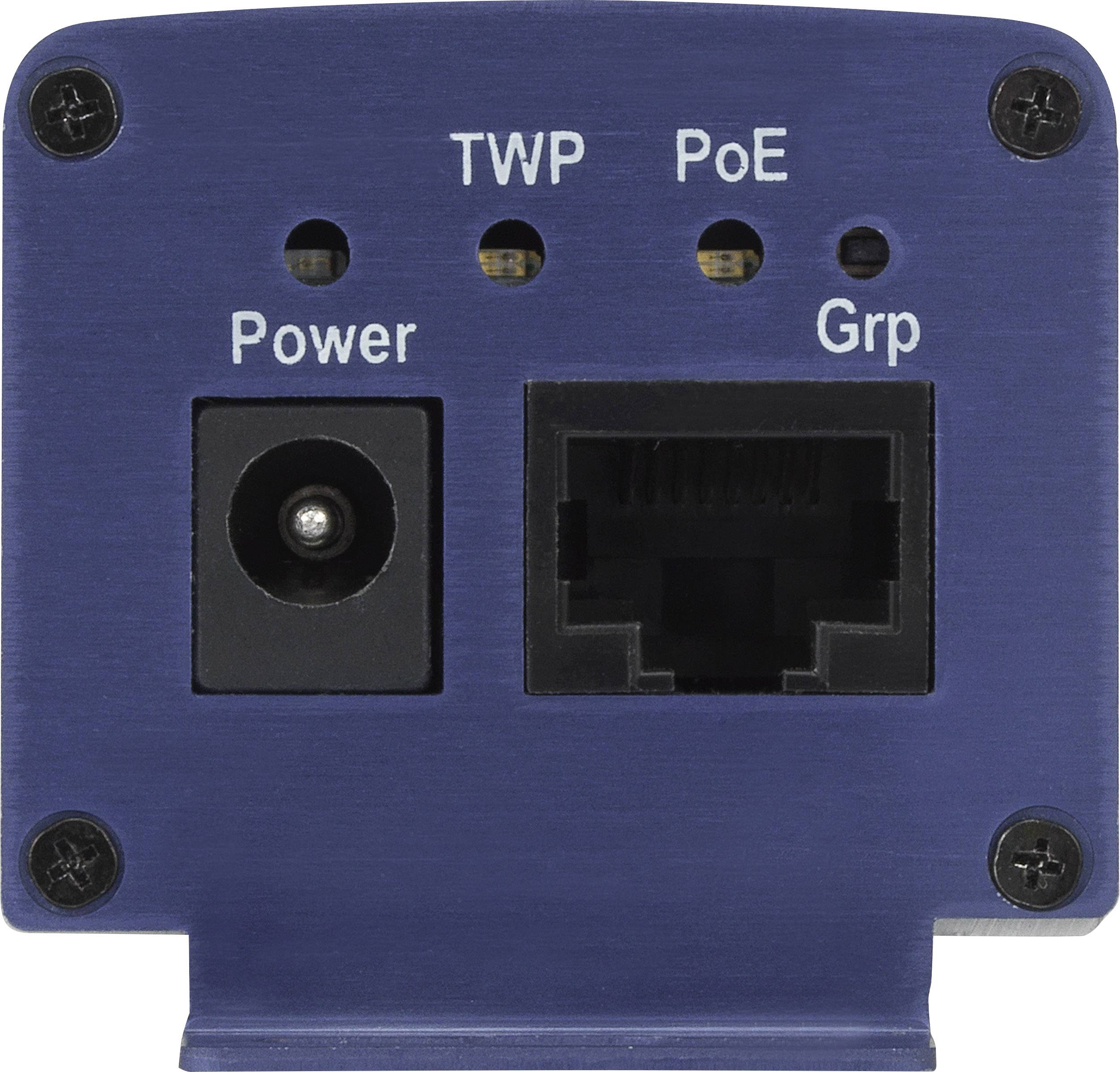 Elektronisch apparaat met twee aansluitingen: één voor voeding en één voor Grp, gemarkeerd met 'TWP PoE'.