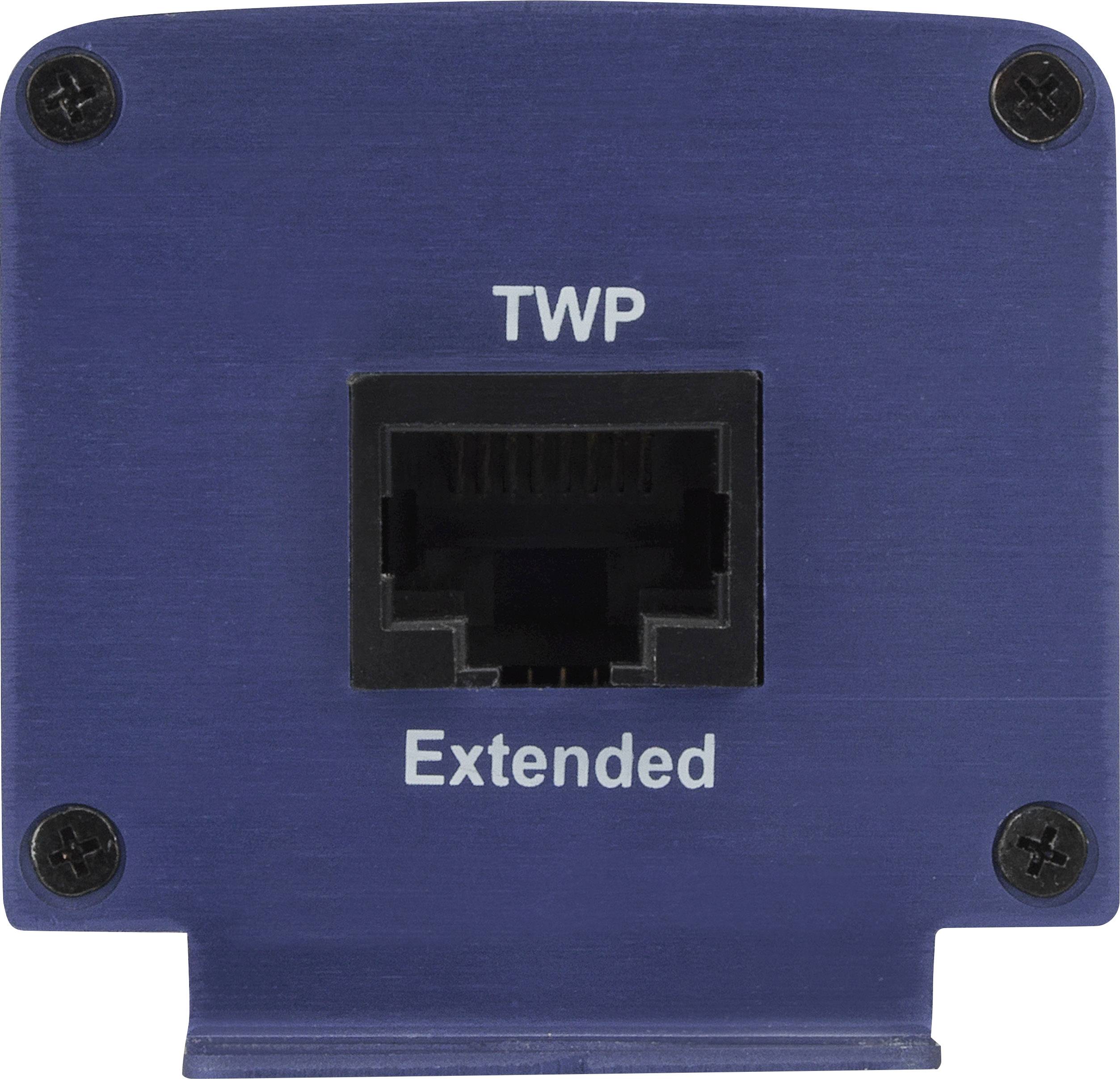 Een blauwe aansluiting met het opschrift 'TWP Extended', waarbij een Ethernet-poort zichtbaar is in het midden, bevestigd met vier schroeven.