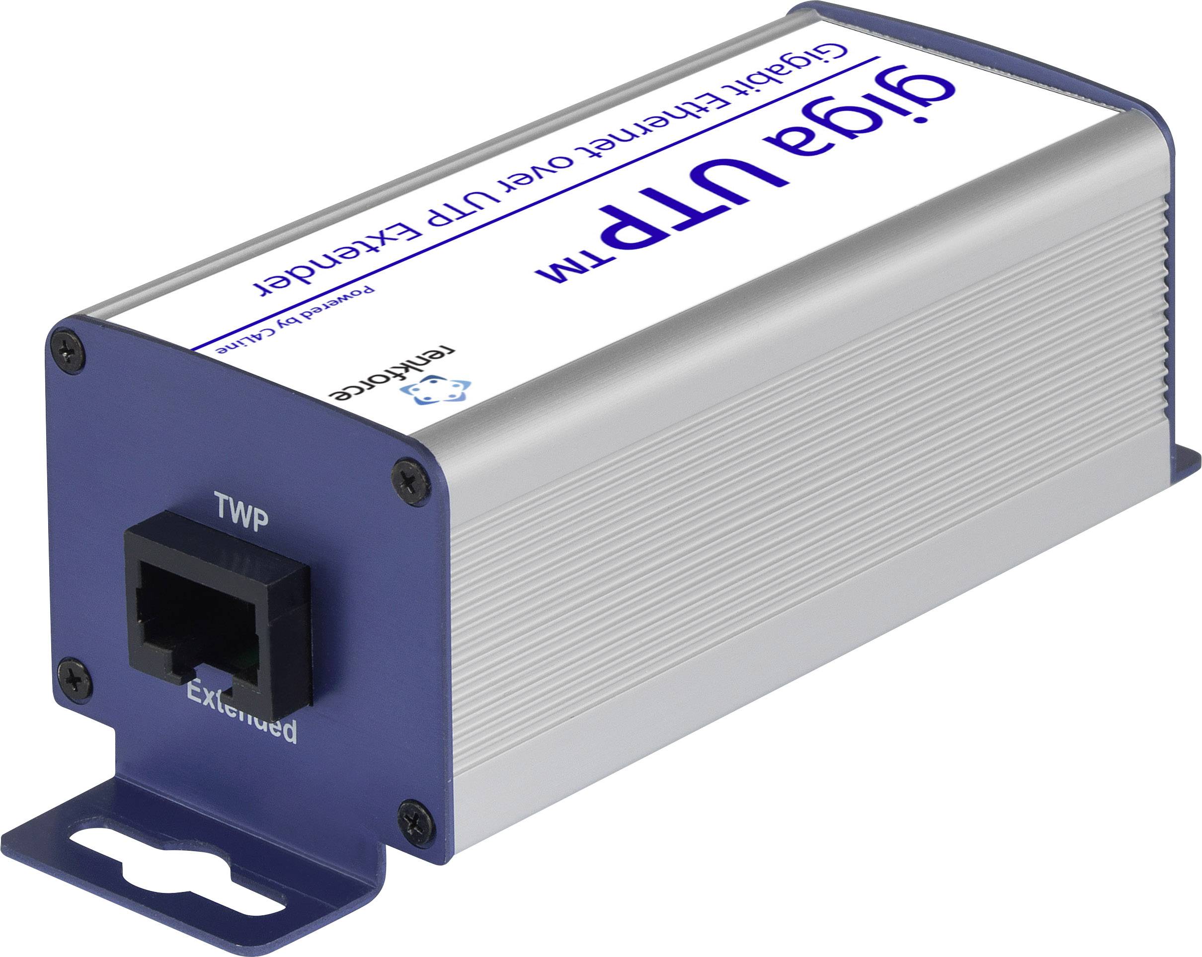 Een metallic netwerktoestel met één aansluiting en de opdruk 'Gigabit Ethernet over UTP Extender'.