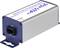 Een metallic netwerktoestel met één aansluiting en de opdruk 'Gigabit Ethernet over UTP Extender'.
