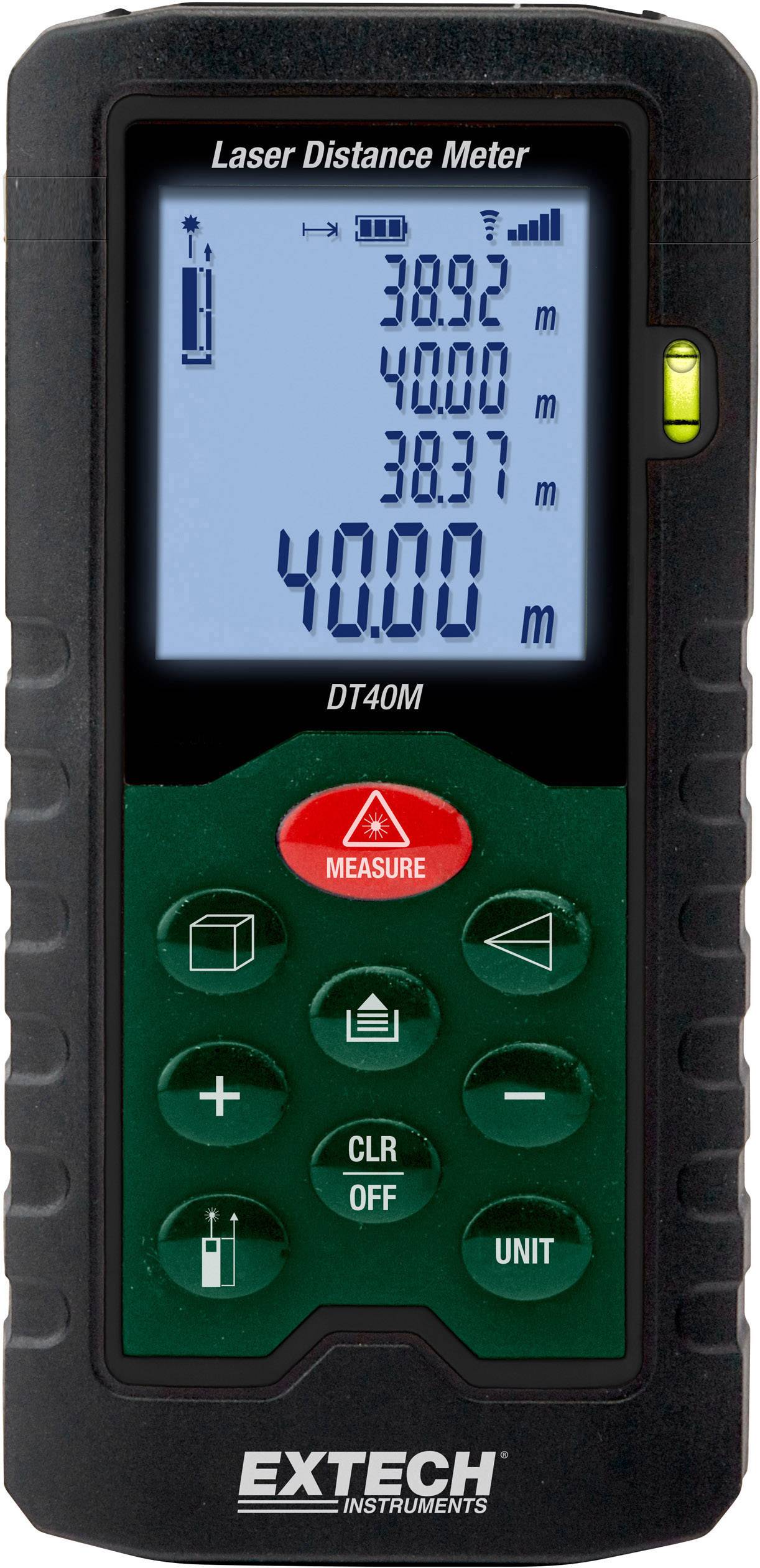 Laser-afstandsmeter met digitaal display, toont meetwaarden in meters. Toetsen voor meting, eenheidswisseling en geheugen wissen.