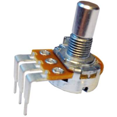Een draaibare potentiometer met drie metalen aansluitingen en een roodbruine basis, gebruikt voor het instellen van de weerstand in elektronische schakelingen.