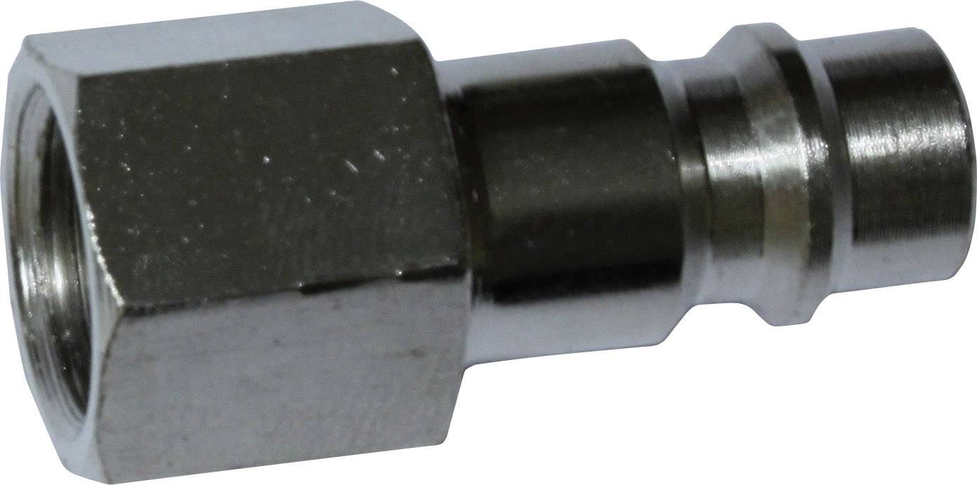 Metalen snelkoppelstekker in cilindrische vorm met zeskante aansluiting. Gebruikt voor het snel verbinden van slangen of buizen.