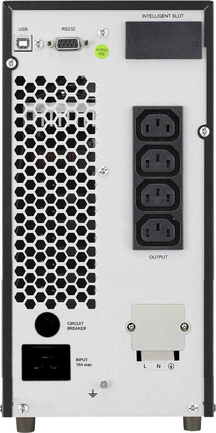 Achterkant van een UPS met meerdere stopcontacten voor het aansluiten van apparaten, USB- en RS-232-aansluitingen, evenals een intelligente sleuf.