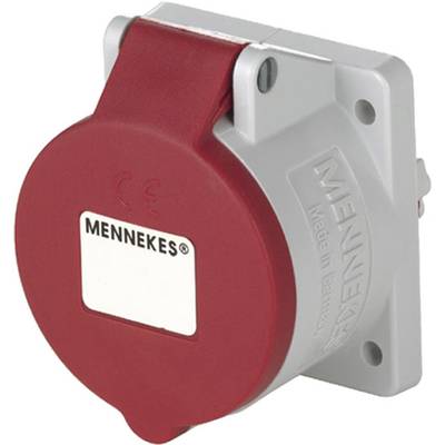 Rode, ronde industriële stekker van Mennekes, gemonteerd op een grijze plaat, voorzien van CE-markering en 'Mennekes'-opdruk.