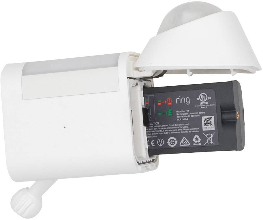 De afbeelding toont een geopende witte bewakingscamera van Ring, waarbij de uitneembare batterij duidelijk wordt uitgelicht.