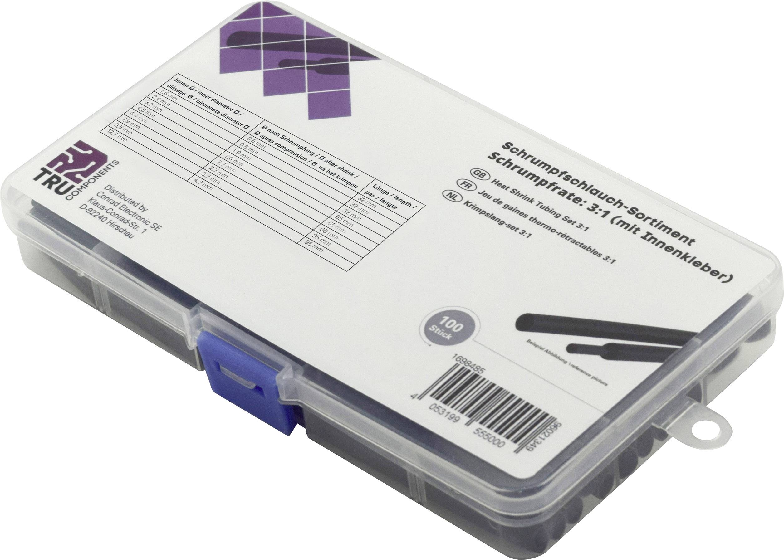 Krimpkous-assortiment' doos met transparante deksel en etikettering. Bevat verschillende maten krimpkousen.